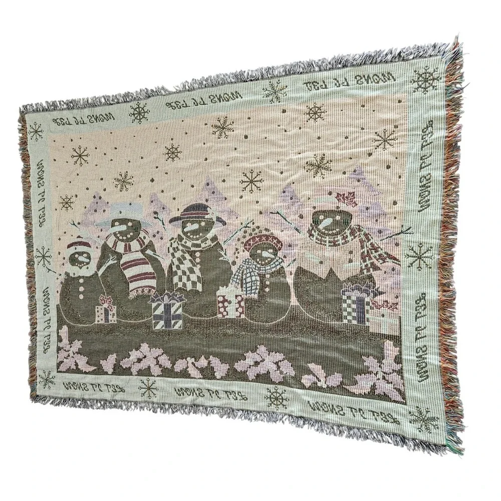 Let It‎ Snow Snowman Family Woven Tapestry Throw Blanket Fringed Holiday Decor